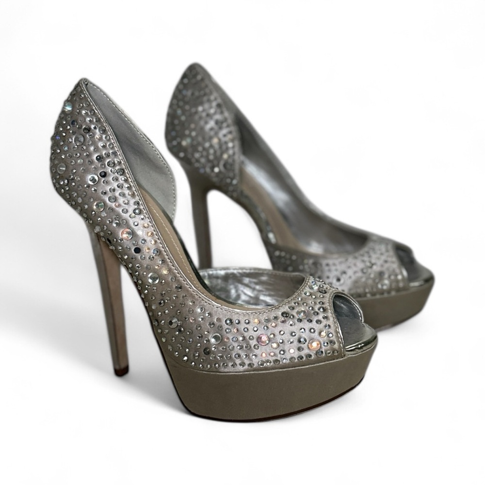 Silver Rhinestone Peep Toe Heels